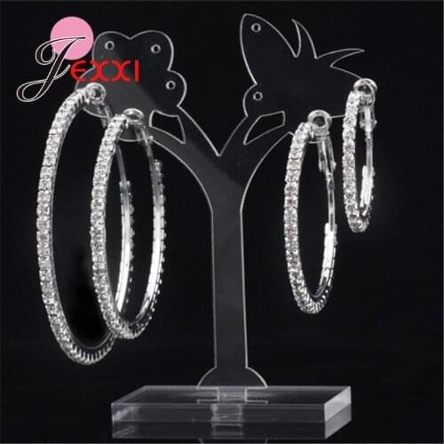 30-80mm Large Circle Crystal Hoop Earrings for Women Silver Fashion Round Shiny CZ Big Earring Jewelry Party Gift