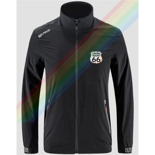 Pontiac Route 66 Poster Pattern Logo Slim Sport Jacket Mens Outdoor Zippered Comfortable Soft Jacket Men Casual Front Printing