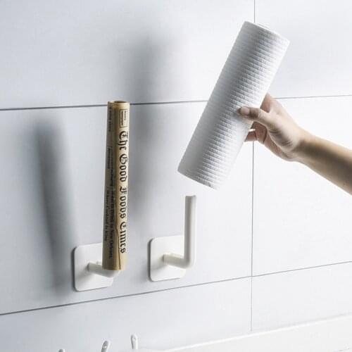 Kitchen Paper Hanger Self Adhesive Wall Hook Towel Hanging Rack Free Nail Hanger Bathroom Multi-function Holder Storage Tools