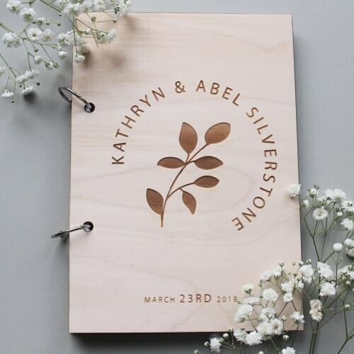 Engraved Leaves Wedding Guest Book Eucalyptus Wood Guest Book Modern Guestbook Personalised A4 Guest Book Unique Guestbook