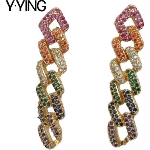 Y·YING Multi Color Cubic Zirconia micro Pave square Chain Link Drop Stud Earrings Gold Color plated luxury style for women