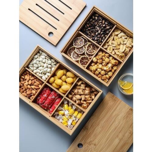 Japanese bamboo wood with cover storage partition box tea water plate fruit basin dry fruit snack dessert storage candy box dish