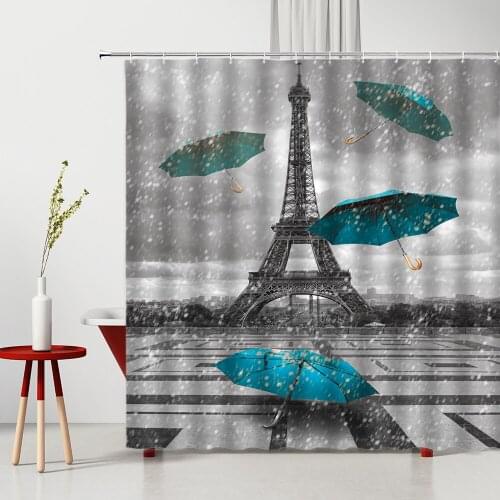 Paris Iron Tower Shower Curtain Blue Umbrella In The Rain Building Scenery Bathroom Decor Home Supplies Bath Curtains Washable