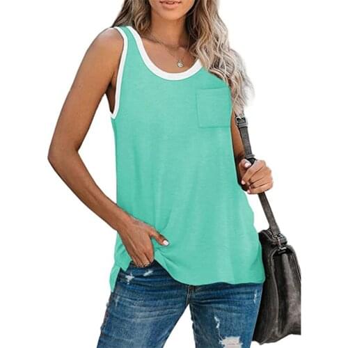 2021 Summer Womens Stitching Tank Top O-neck Sleeveless Pocket Split White Tank Top Casual T-shirt