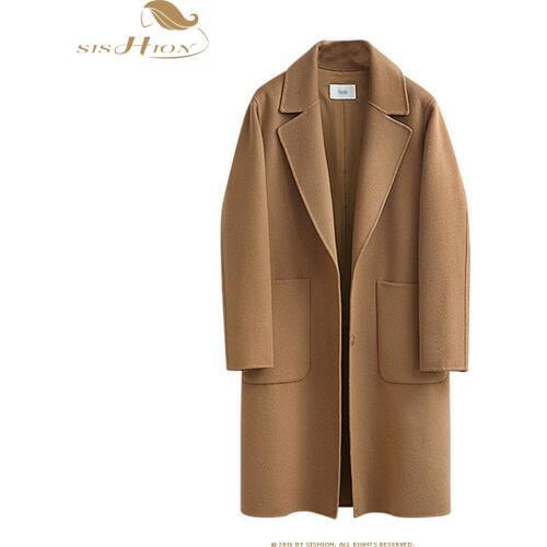 SISHION 5XL Plus Size Coats Women Long Solid Simple Style Pockets Soft Wool Blends QY0324 Womens Covered Breasted Straight Coats