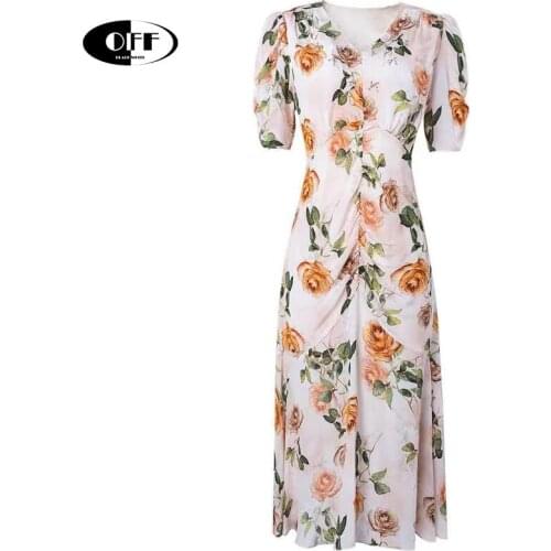 Designer Ladies Midi Dress Summer Short Sleeve Elegant Floral V-neck Office French Chic Plus Size 2XL Vintage Dresses For women