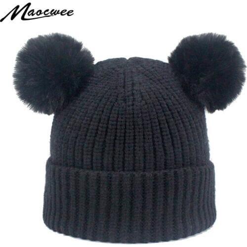 Winter Baby Faux Fur Ball Beanie Knit Hat Kids Warm Two Pom Poms Skullies Beanies Wool Cap Boys Girls Pompom Balls Beanie Cap
