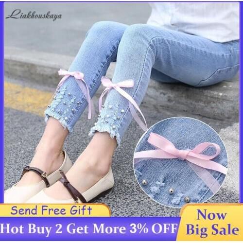 2020 Girls Jeans Kids Fashion Elasticated Waist Jeans Girls Spring Autumn High Quality Pencil Pants Bow Blue Skinny Jeans 3-13 Y