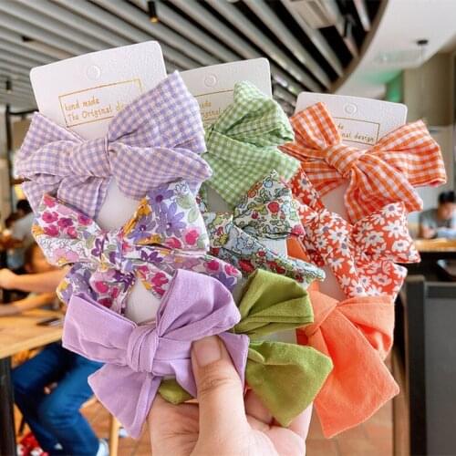 3 Pcs New Korean Fresh Simple Plaid Floral Fabric Bow Duckbill Clip Fashion Beautiful Girl Children Barrettes Hair Accessories