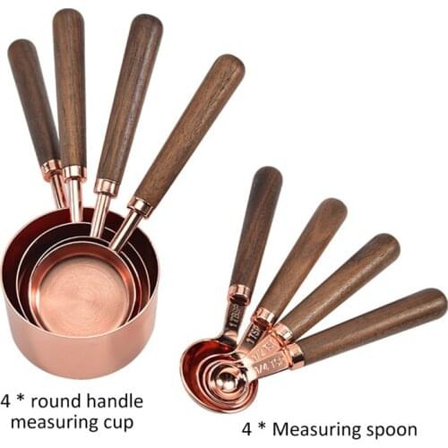 8pcs Kitchen Measuring Tool Plating Measuring Cups Spoon Walnut Wooden Handle Rose Gold Measuring Cups Measuring Spoo