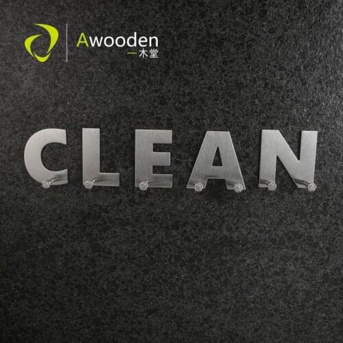 Awooden decoration hooks rail CLEAN letter shaped stainless steel self adhesive heavy duty cleaning tools