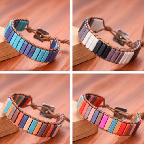 7 Chakra Bracelet Bohemian Handmade Natural Stone Tube Bead Real Leather Wrapped Bracelet Yoga Couple Bracelet Woman