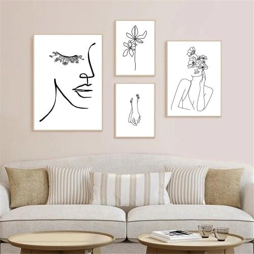 Black And White Line Hand Poster Female Face Canvas Painting Sexy Woman Drawing Print Nordic Wall Pictures For Living Room Decor