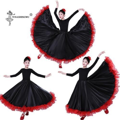 Kids Belly Dance Costume Satin Solid Spanish Flamenco Skirt 360-720 Degree Girls Ballroom Dress Bullfight Female Bellydance Wear