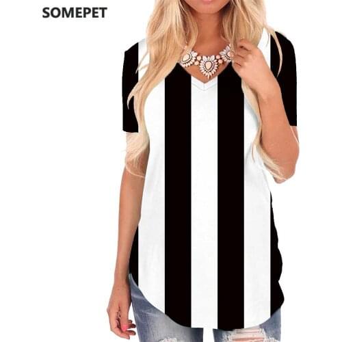 SOMEPET Stripe T-shirt women Black And White Funny T shirts Harajuku T-shirts 3d Abstract V-neck Tshirt Womens Clothing Hip hop