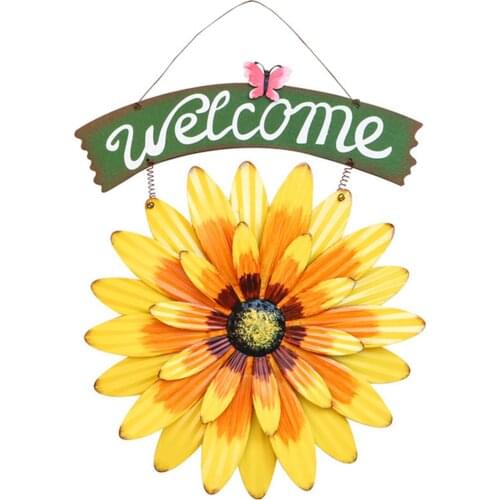 Wrought Iron Wall Decoration, Gerbera Sun Flower Welcome Sign with Back Hanging Hole, Home Accessory