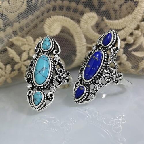 Retro Turquoises Ring Creative Hollow Out Carved Lapis Lazuli Flower Band Vintage Filigree Ring Boho Ethnic Jewelry Male Women
