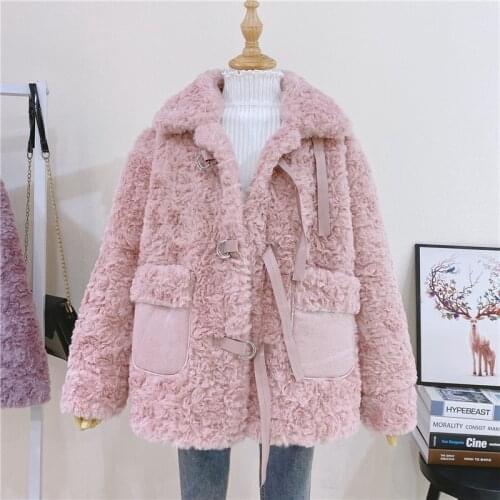 Lamb Wool Jacket Women Clothes Winter Korean Long Sleeve Thick Warm Short Solid Faux Fur Coat Loose Plush Outerwear Female G1295