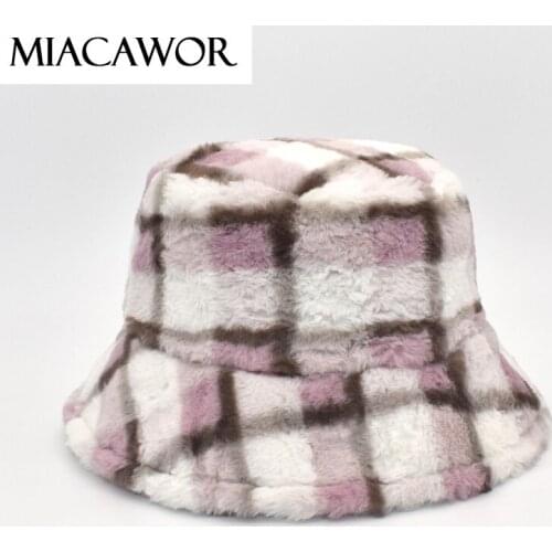 MIACAWOR New Original Winter Faux Lamb Wool Bucket Hats Women Warm Fashion Plaid Panama Girls Hat Outdoor Fisherman Cap Men M137