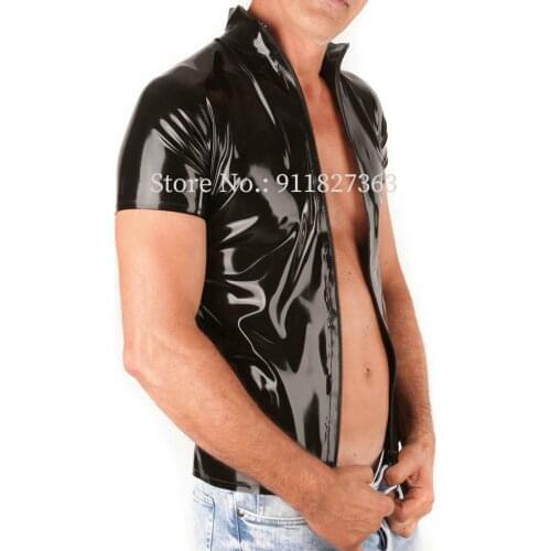100% Handmade Latex men tops t-shirt front zipper Tank Tops Rubber T-shirt rubber Latex short sleeves Jacket