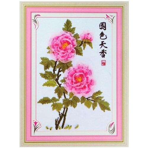 Peony flower Ribbon embroidery kit Chinese style Floral stain painting set handcraft kit DIY handmade needlework art plus