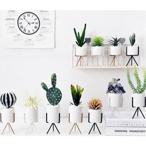 Nodic Simple Style Metal Rack Ceramic Succulent Flowerpot Iron Crafts Hydroponic Planter Pot Desktop Ornaments Home Garden Decor