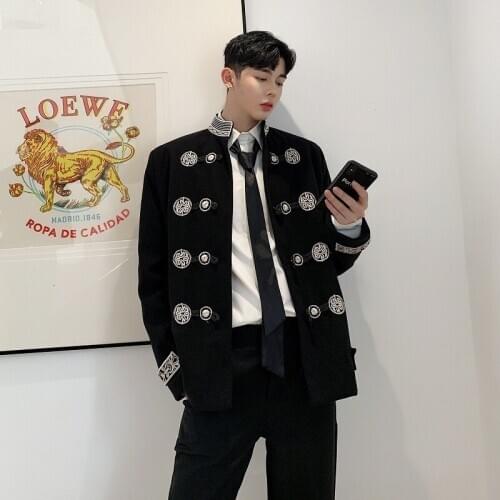 Gothic Blazer Coat Men Vintage Embroidery Stand Collar Loose Casual Suit Jacket Male Streetwear Hip Hop Outerwear Stage Clothes