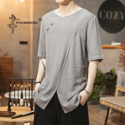 Soild T-shirts Kimono Japanese Men Half Sleeved Irregular Japan Harajuku Buckle Top Asian Yukata Haori Cardigan Loose Costumes