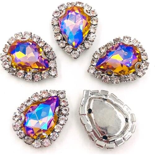 Wedding decorations Teardrop shape Gold yellow AB flatback glass Crystal button sliver setting sewing rhinestones for clothing