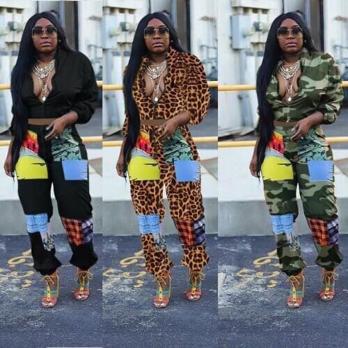 Streetwear Women Camouflage Printing Two Piece Sets Cool Ladys Deep V-neck Zipper Crop Tops High Waist Ankle-banded Sets