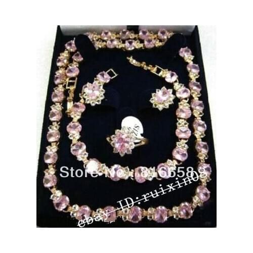 WOW! pink crystal necklace bracelet earring ring set