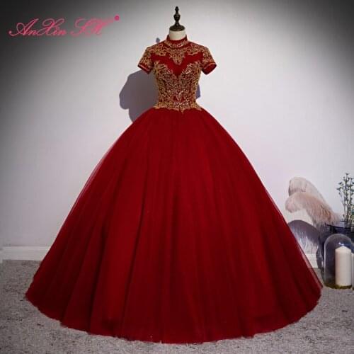 AnXin SH vintage princess wine red lace beading golden crystal high neck short sleeve ball gown party host evening dress