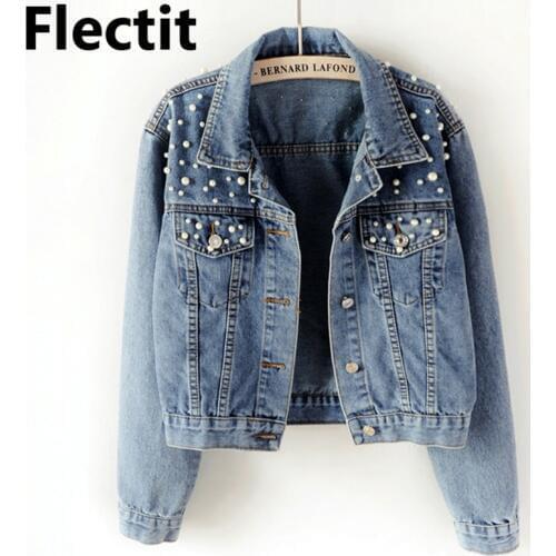 Flectit Embellished Pearl Jeans Jacket Women Mid-Wash Blue Denim 90s Ladies Trucker Jacket Plus Size S- 5XL Outerwear & Coats
