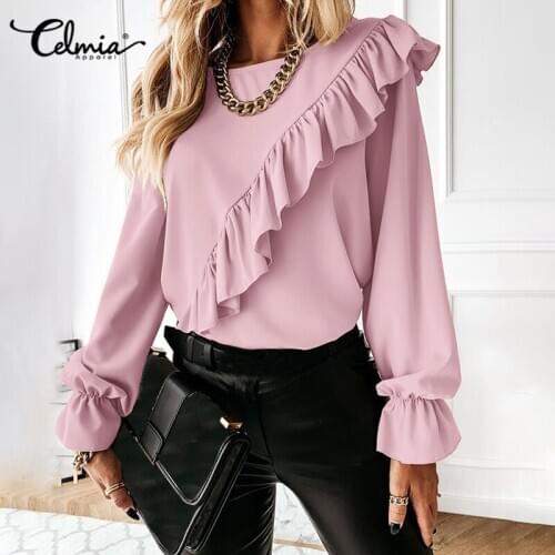 Women 2021 Fashion Ruffles Blouses Celmia Spring Long Puff Sleeve Chic Shirts Casual Solid Tunic Tops Ladies Blusas