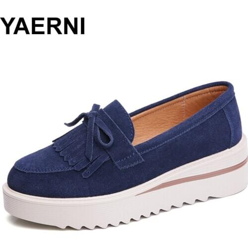 YAERNIMoccasins Flat Platform Shoes Woman Autumn Fringe Tassel Butterfly knot Loafer casual lace-up Genuine Leather Shoes