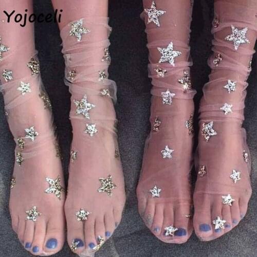 Yojoceli 2 pairs sexy bling bling star sequins socks women sexy party club see through mesh socks female