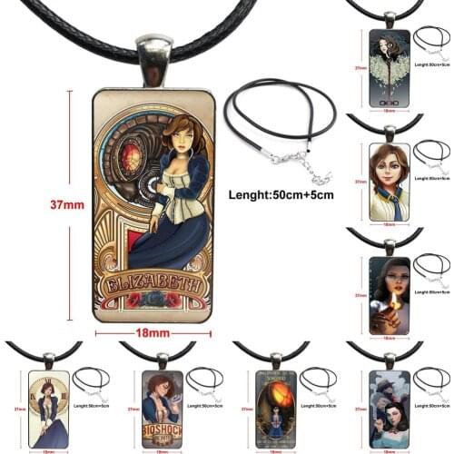 For Men Women Bioshock Elizabeth Glass Cabochon Jewelry Steel Color With Long Pendant Choker Rectangle Necklace