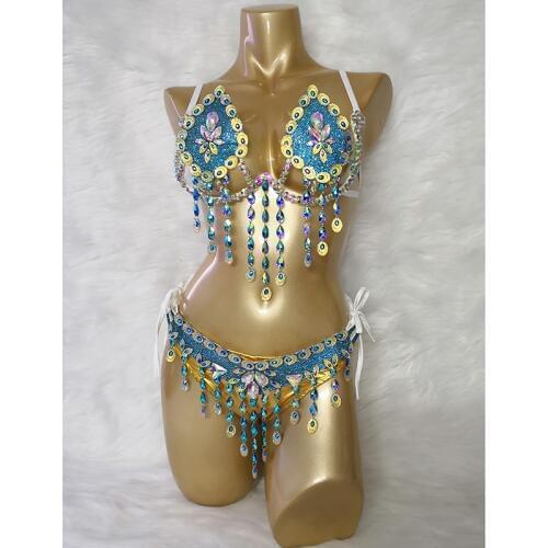 Samba Carnival Wire Bra & belt& Gold Panty Set Hand Made 3Piece Crystal Stone Belly dancing WIRE BRA FREE SHIPPING