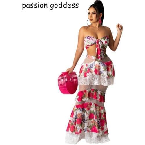 Women Summer Floral Ruffle Lace Matching Two Piece Set Backless Strapless Crop Top Sexy See Through Mesh Long Mermaid Cake Skirt
