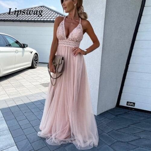 Sexy Summer Deep V Neck Solid Embroidery Wrap Party Dress Elegant Off Shoulder Sleeveless Long Dress Women Mesh Lace Maxi Dress