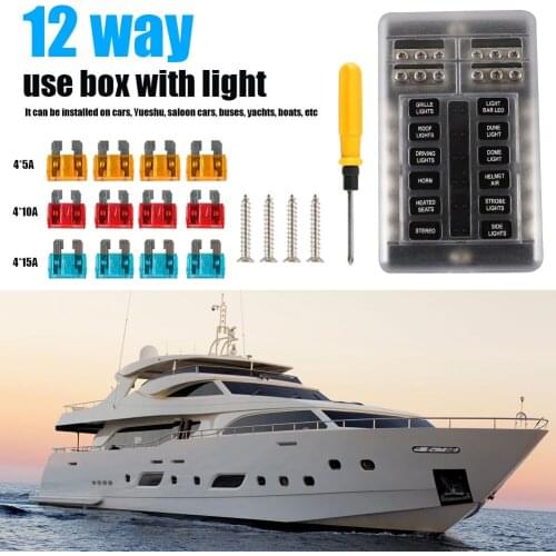 12 Way Blade Fuse Block Box Holder Kit with Negative Bus + Tool + 5A 10A 15A Fuses for Car Marine Boat RV Truck 32V Accessories