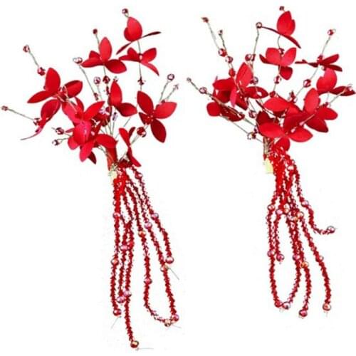2 PCS Bridal Jewelry Wedding Handmade Hair Accessories Women Red Butterfly Hair Clip Headband Hairpin Accessory Headpiece