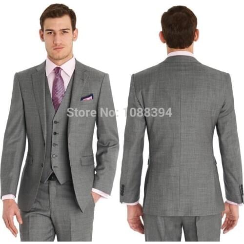 2017 Custom Made Side Slit Light Gray Two Buttons Groom Tuxedos Men Wedding Suits Best Man Business Suit Jacket+Pant+vest+tie