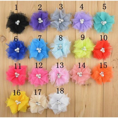 Free shipping 20PCS 5cm handmade pearl rhinestone mesh flower for DIY hair accessory can mix colors(FWR-107)