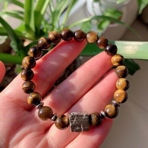 Retro Natural Stone Bracelets Raw Mineral Golden Pyrite Charm Tiger Eye Agates Black Lava Crystal Bracelets Healing Jewelry Men