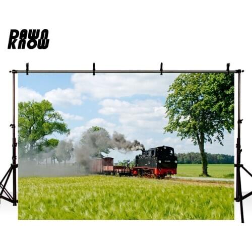 DAWNKNOW Train Photography Background Grasslands Tree Scenic Photographic Backdrops Wedding Children Photocall lv1142