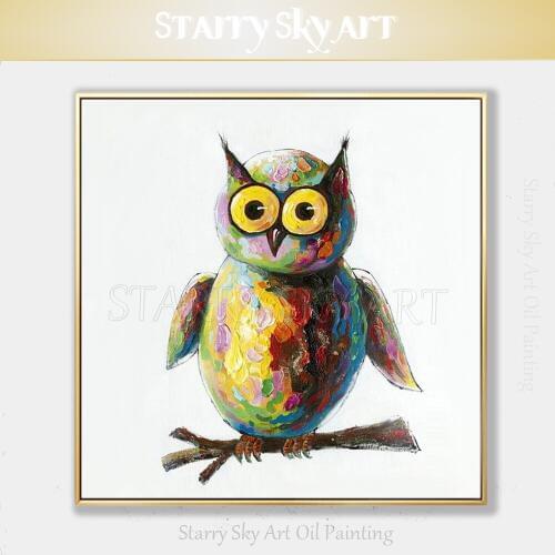 Cheap Price Artist Hand-painted High Quality Funny Animal Owl Oil Painting on Canvas Lovely Animal Big Eyes Owl Oil Painting