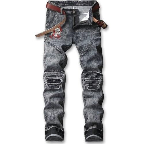 High Street Loose Men Jeans Black Ripped Jeans Men Embroidery Denim Pants Paint Hole Hip Hop Elasticity Trousers