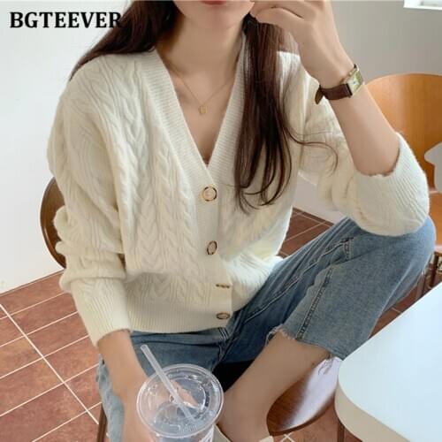 BGTEEVER Elegant V-neck Women Sweater Cardigan Autumn Winter Soft Single-breasted Female Solid Knitted Open Stitch Knitwear 2020