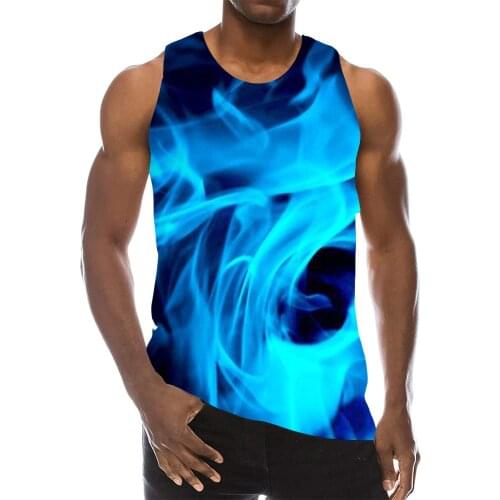 Mens Blue Graphic Sleeveless 3D Top Holiday Tees Flame Tank Tops Gym Boys Streetwear Novelty Vest
